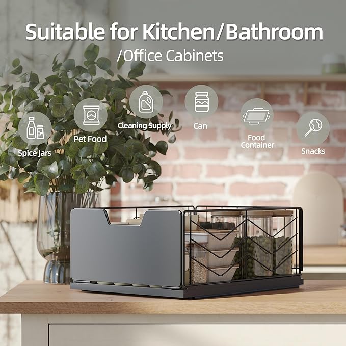 NETEL Pull Out Cabinet Organizer, 2 Pack No Drill Slide Out Drawers for Kitchen Cabinets, Metal Pantry Pull Out Shelves, Kitchen Cabinet Organizer, Pull Out Home Organizers, 11.8" W X 15.7" D X 6.9" H