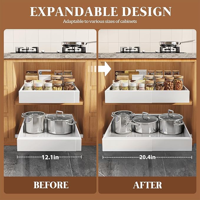 6 Pack Expandable Pull Out Cabinet Organizer 21"Deep With Raising Pad for Framed Cabinets,Upgrade 3 Slide Rails Slide Out Drawers,No Drill Roll Out Shelves,Adjustable Width 12.1"-20.4" White