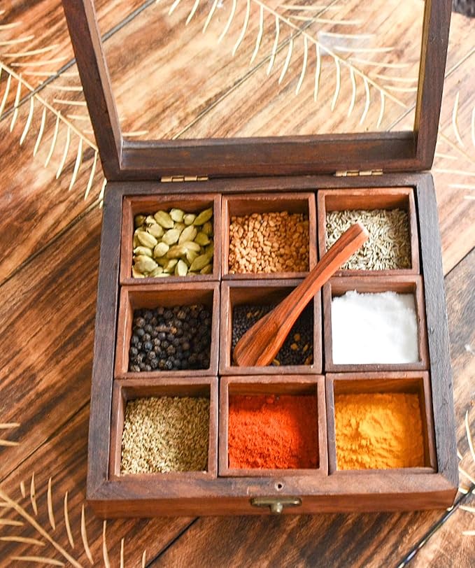 Masala Dabba Indian Wooden Spice Box with Glass Top and Spoon - Sheesham Rosewood (8 inch spice box)