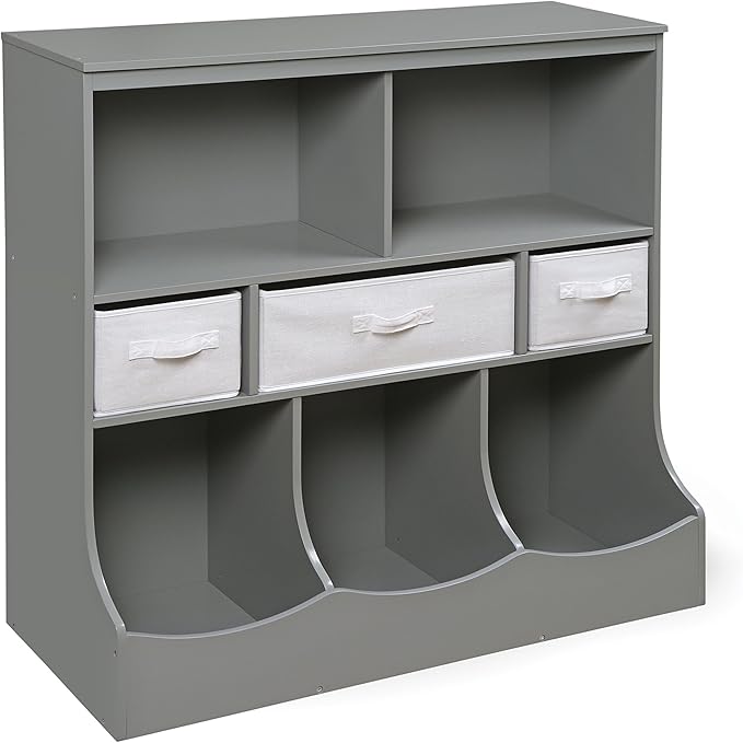 Badger Basket Combo Toy Storage Organizer and Bookshelf - Kids Storage Unit with 3 Removable Baskets, Open Shelves, Top Display Surface - Gray