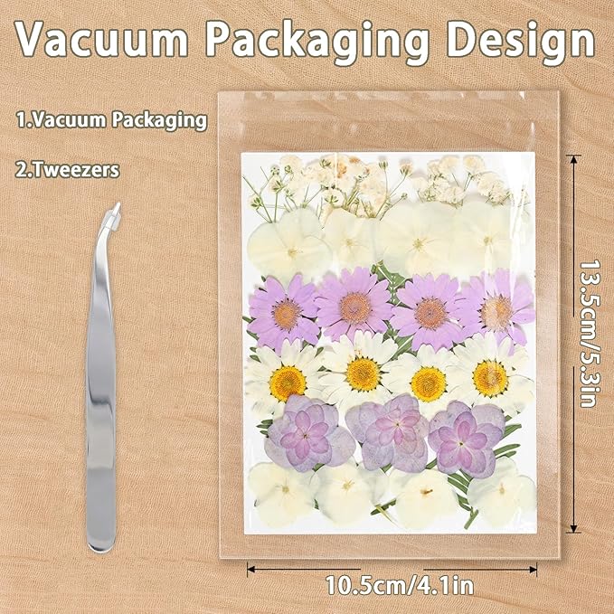Dried Pressed Flowers Real Pressed Flowers Natural Dry Leaves Bulk Mixed Colorful Herbs Kit with Tweezers for Scrapbooking DIY Candle Jewelry Crafts Making Nails (White, Purple, Blue)