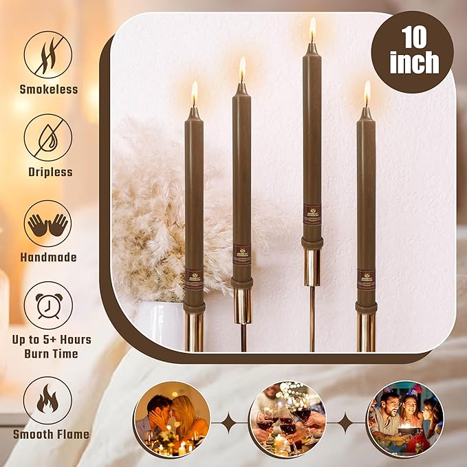 Brown Taper Candle 10 Inch Long Candlesticks Unscented Dripless Tapered Candle Set for Fall Decorations Home Wedding Party Dinner Candles, 4 Pack