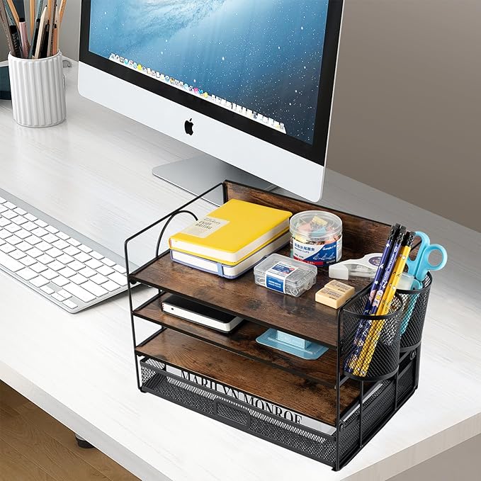 4 Tier Desk Organizers and Accessories, Paper Letter Tray Organizer,Vintage Wood Desk File Organizer with Drawer and 2 Pen Holders for School Home Office Supplies