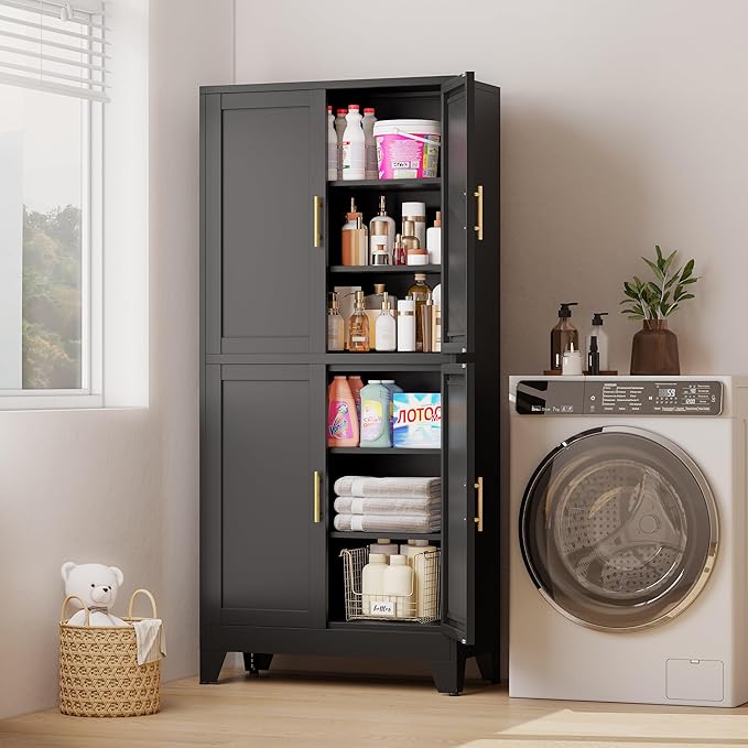 75" H Tall Kitchen Pantry Cabinet, Pantry Storage with Doors and 3 Adjustable Shelves, Metal Storage, Cupboard for Kitchen, Black