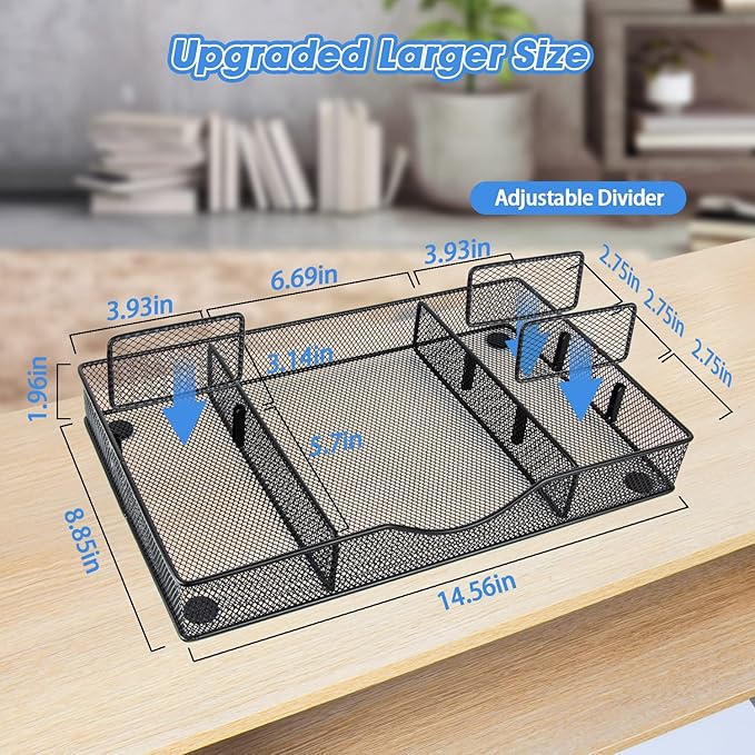 VyGrow Desk Drawer Organizer, Metal Mesh Drawer Organizer Tray with 6 Adjustable Compartment, Tray Organizer for Desktop, Kitchen, Bathroom, Makeup, Vanity - 14.5x8.8x1.96 inch, Black, 1PC Large