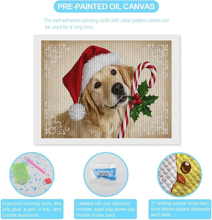 Diamond Painting Kits for Adults - Christmas Golden Retriever Puppy in Santa Hat with Candy Cane Painting DIY 5D Full Drill Diamond Dots Paintings with Diamonds Gem Art And Crafts Home Decor 12"x16"