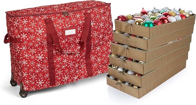 Covermates Keepsakes Rolling Adjustable Ornament Storage Bag – Heavy-Duty Polyester, FlexGrid Trays & Padded Dividers – Protective Holiday Organizer with Wheels, Handles & ID Window, Red Snowflake