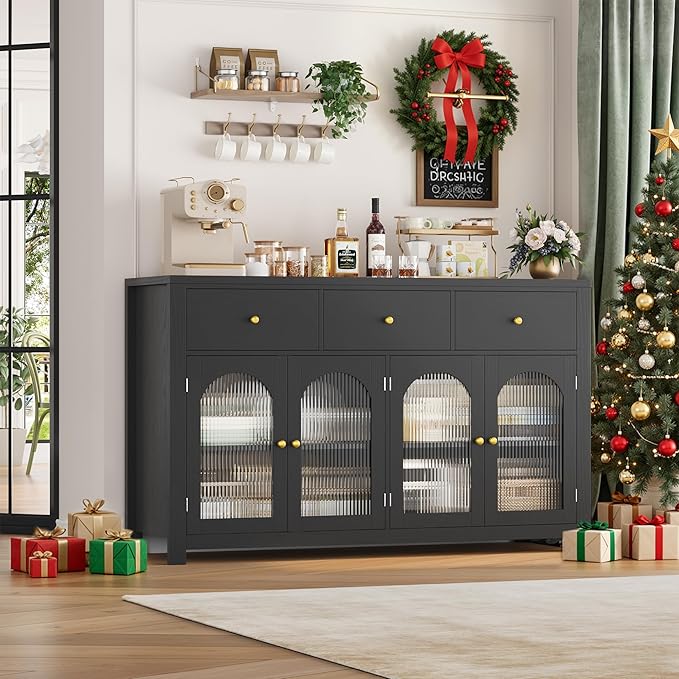 FINETONES Buffet Cabinet with Storage, 55.1" Large Sideboard Buffet Farmhouse Kitchen Cabinet with 3 Drawers and 4 Doors, Wood Coffee Bar for Kitchen, Black