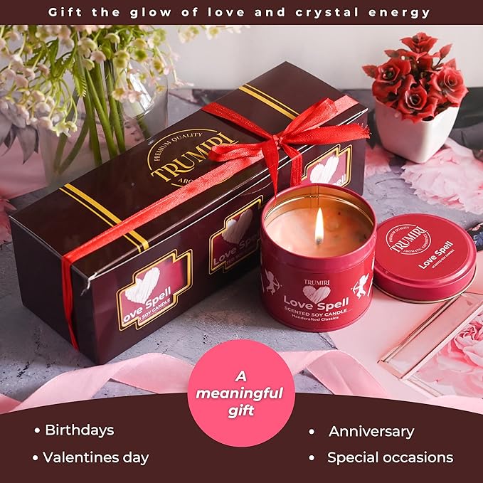 Love Spell - Scented Candles for Women & Men with Rose Petals and Crystals - Pack of 3 x 5oz Soy Clean Organic Non Toxic - Velas Aromáticas - Aromatherapy Spa Valentines Gift Candel