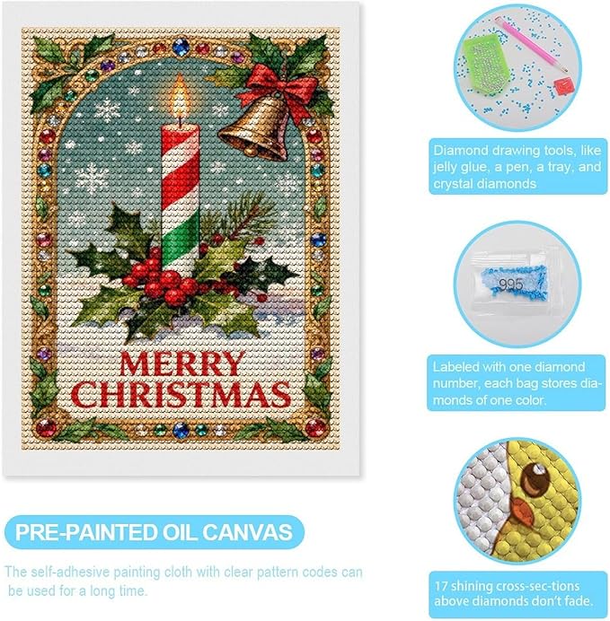 AIVKIEJK Diamond Painting Kits for Adults - Merry Christmas Candle & Holly Accents Painting DIY 5D Full Drill Diamond Dots Paintings with Diamonds Gem Art and Crafts Home Decor 12"x16"