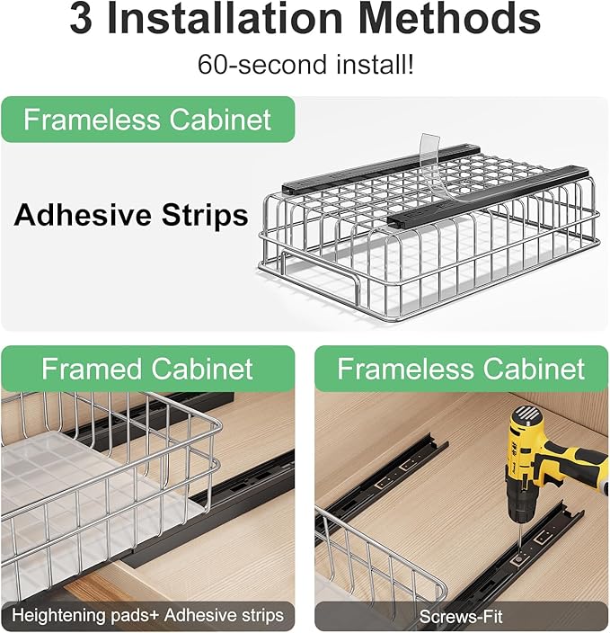 Pull out Cabinet Organizer, Stainless Steel 4-Pack Slide out Drawer with Silent Full-Extension Slides, Adhesive Roll out Can Spice Storage Basket Shelf Rack for Pantry, Kitchen, Bathroom, Home Closet