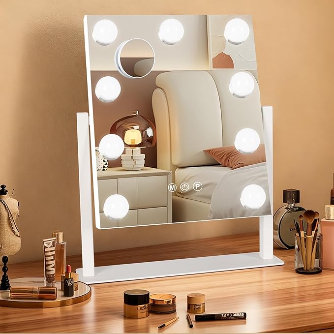 Ratsamee Hollywood Vanity Mirror with Lights, 9 Dimmable Bulbs, 3 Color Lights,Make Up Lighted Mirror, 10x Magnification 360°Rotation (12" x 14") White
