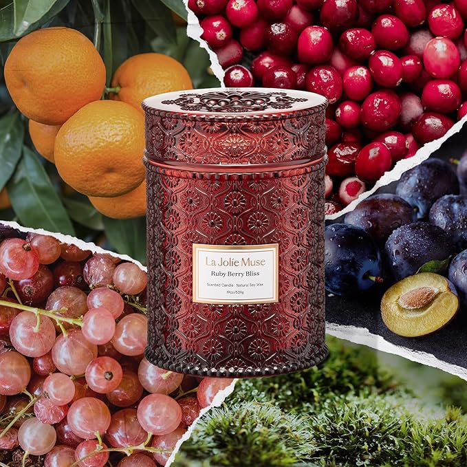 LA JOLIE MUSE Ruby Berry Bliss Scented Candle | Mandarin, Cranberry & Plum | 19 oz Natural Soy Candle | Wooden Wick | 90-Hour Clean Burn | Cozy Home Decor