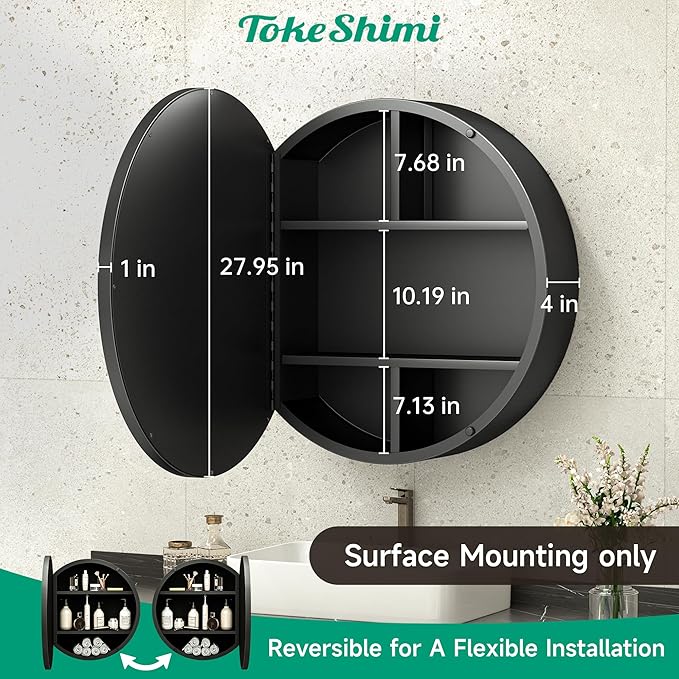 TokeShimi 28 Inch Round Medicine Cabinet for Bathroom with Mirror Surface Mount Only Black Metal Framed Mirrored Bathroom Cabinet Large Modern Farmhouse Circle Wall Mounted Vanity Mirror with Storage