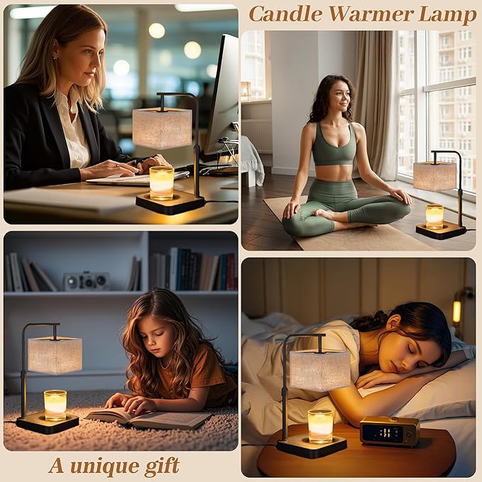 MOAFINA Candle Warmer Lamp with Timer & Dimmable, Height Adjustable Wax Warmer with Linen Shade & 2 Extra Bulbs, Flameless Candle Melter for Jar Candles, Gifts & Bedroom Decor