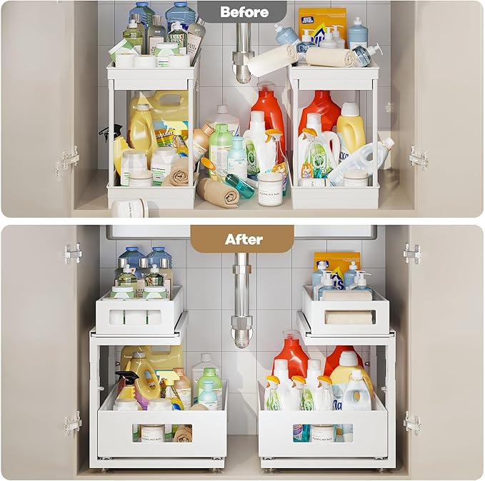 2 Pack Under Sink Organizer With Next-Gen Ball-Bearing Slides,2-Tier Pull Out Cabinet Storage,Height Adjustable Drawer Shelf for Bathroom,Kitchen,Laundry,Cabinet,Pantry(Patent Pending)