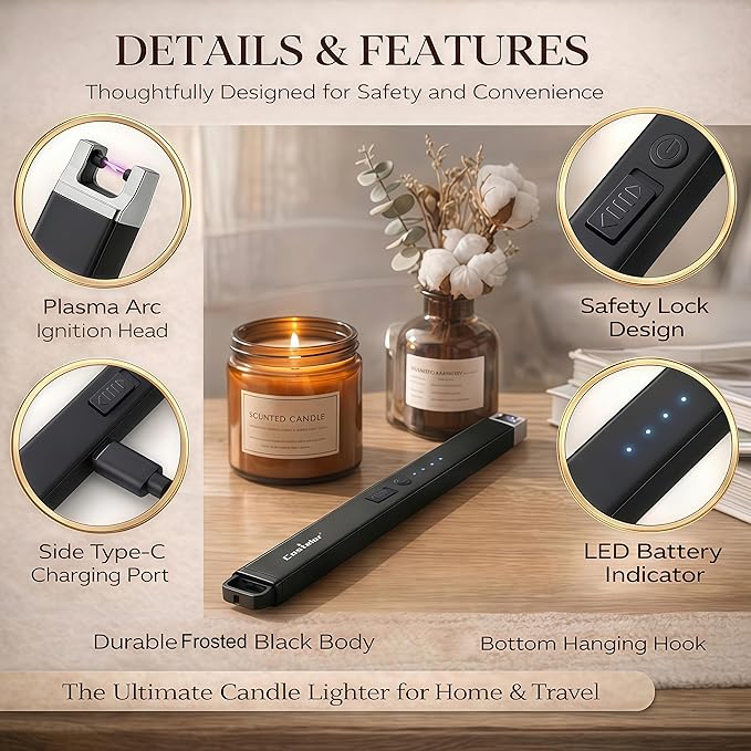 Castelar Candle Lighter, Electric Lighter Windproof Flameless with Safety Switch, USB Rechargeable Lighters for Candle, Grill, BBQ, Camping, Birthday & Stocking Stuffers (Black)