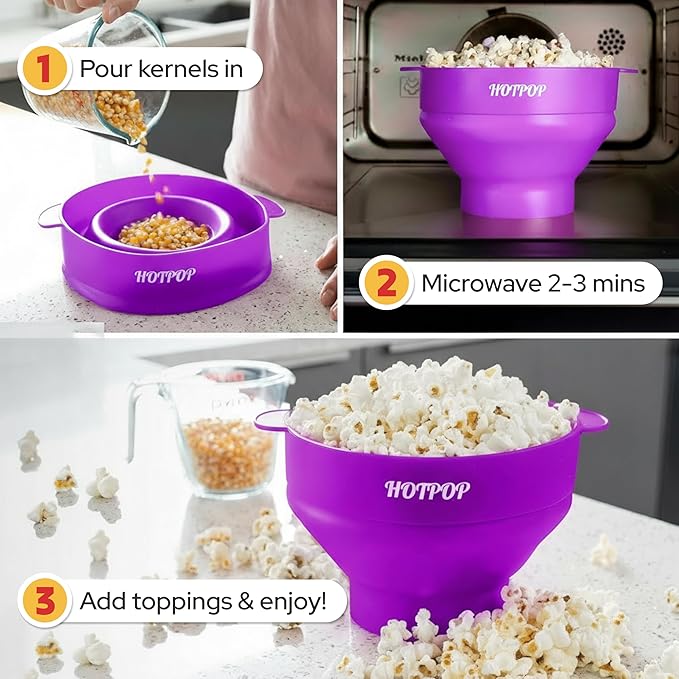 The Original Hotpop Microwave Popcorn Popper, Silicone Popcorn Maker, Collapsible Bowl BPA-Free and Dishwasher Safe- 20 Colors Available (Purple)