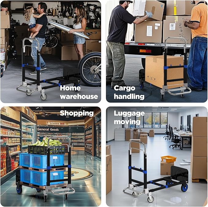 3 in 1 Convertible Hand Truck Dolly Cart with Wheels Collapsible/Folding handtruck Dolly / 22 Lb / 2 Straps/Adjustable Height/for Luggage/Carton/Warehouse/Supermarket/Office / 500Lb Load