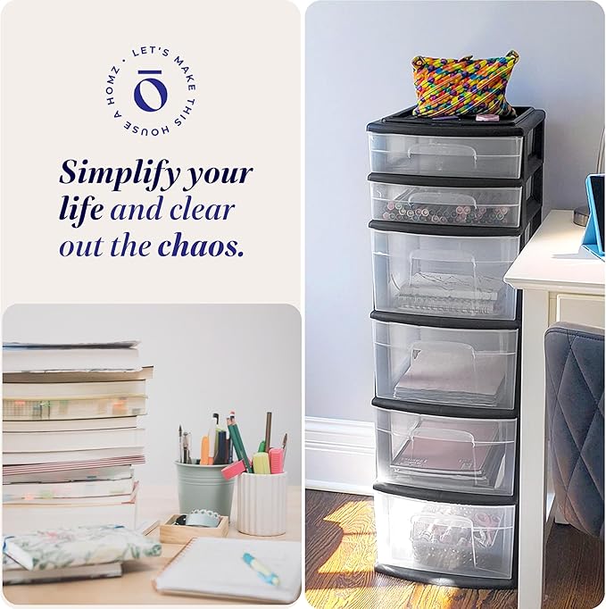 HOMZ Drawer Tower, 6-Tier Clear Plastic Storage Organizer Cart, Black Frame - Heavy-Duty Organizing Drawers for Home, Bedroom, and Closet Organization