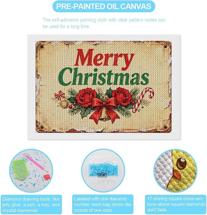 AIVKIEJK Diamond Painting Kits for Adults - Merry Christmas Santa, Holly & Vintage Painting DIY 5D Full Drill Diamond Dots Paintings with Diamonds Gem Art and Crafts Home Decor 8"x12"