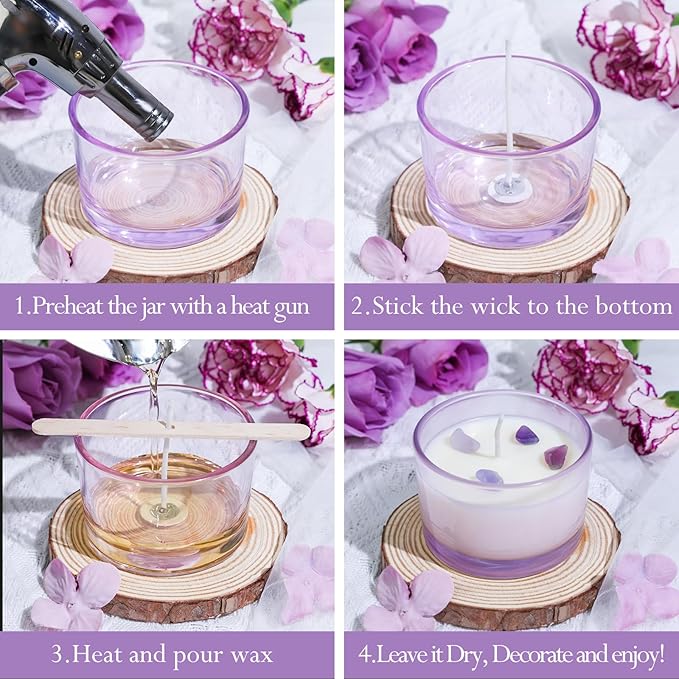 CONNOO 15 Pack 4 OZ Purple Glass Candle Jars with Airtight Bamboo Lids for Making Candles, Bulk Small Wide Mouth Empty Candle Containers with Sticky Warning Labels - Dishwasher Safe, Lavender