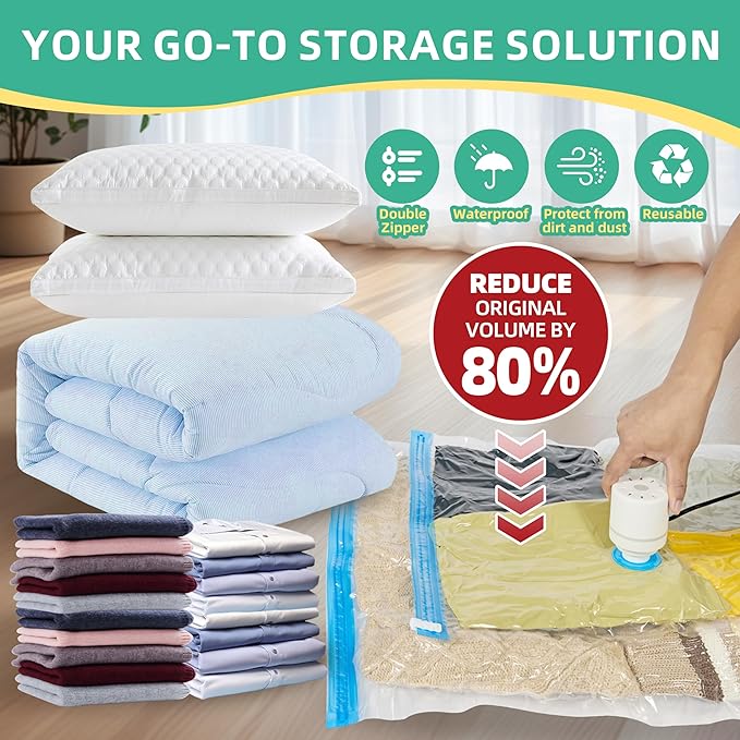 Vacuum Storage Bags with Electric Pump, Vacuum Seal Space Saver Bags for Clothes, Clothing, Blanket Bedding Comforters, Combo 10 pack