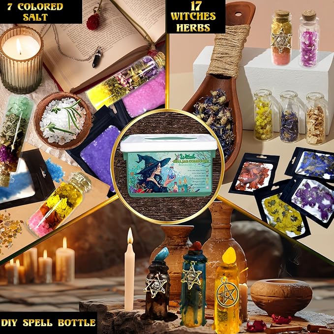 Ainswei Witch Spell Jar Kits,Witchcraft Supplies 145 PCS, Witchcraft Starter Kit Include Spell Candles Crystals Dried Herbs Gift, Versatile Tools Gifts for Beginner Experienced Witch