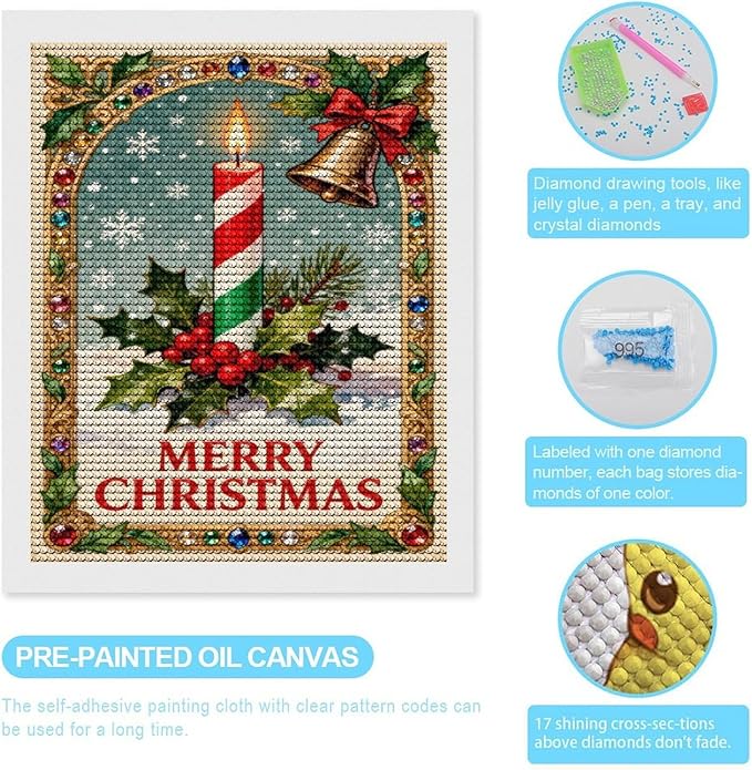 AIVKIEJK Diamond Painting Kits for Adults - Merry Christmas Candle & Holly Accents Painting DIY 5D Full Drill Diamond Dots Paintings with Diamonds Gem Art and Crafts Home Decor 16"x20"