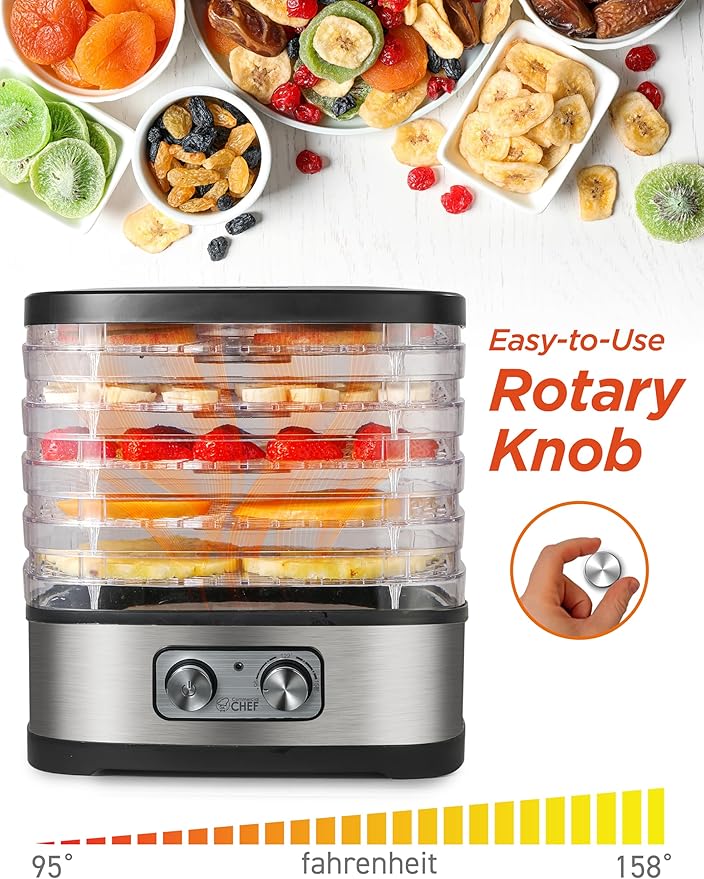 COMMERCIAL CHEF Food Dehydrator, 5 BPA-Free 10” x 9.25” Adjustable Height Trays, Stainless Dehydration Machine for Beef Jerky, Dehydrated Vegetables, Fruits and More, CHD200S, Black/Stainless Look