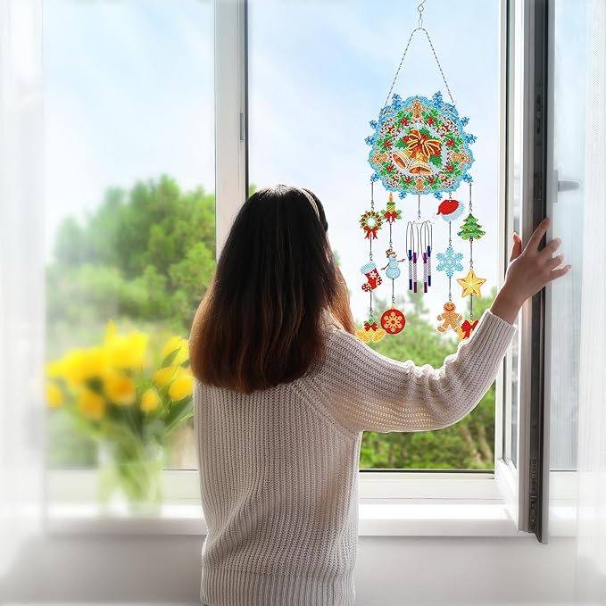 Christmas Bells Diamond Art Wind Chimes Hanging Pendant DIY Kits 5D Diamond Art Painting Christmas Wind Chime Hanging Ornament Double Sided Special Rhinestones Paint by Number Porch Tree Window Decor