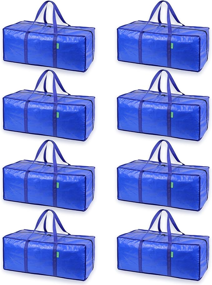 Creative Green Life Extra Large Moving Bags and Clothing Storage Bins with Strong Zipper & Carry Handles, Stackable, Heavy Duty Packing Moving Boxes for College Dorm Room Essentials (Blue, 8 Pack)