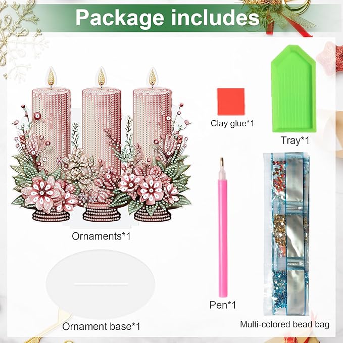 5D DIY Diamond Painting Tabletop Ornament Kits Pink Candle, Christmas Diamond Art Desktop Ornament, Special Shaped Crystal Rhinestone Diamond Art Table Top Home Office Christmas Decor (24x21.3cm)