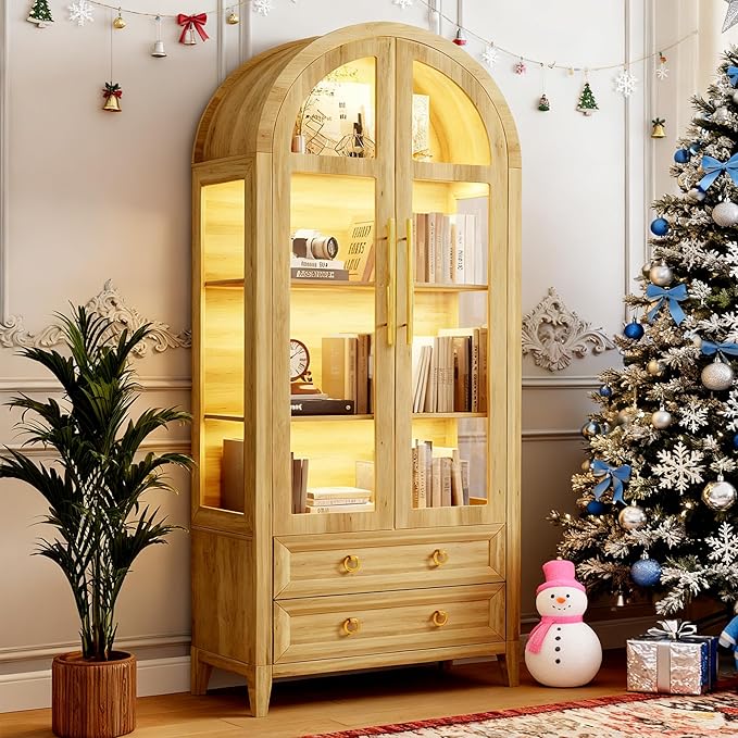 LVSOMT 71" Tall Arched Storage Cabinet with Glass Doors and Drawers, Curio Display Cabinet with Adjustable LED Light & Human Sensor, 4-Tier China Cabinet for Living Room(Wood)