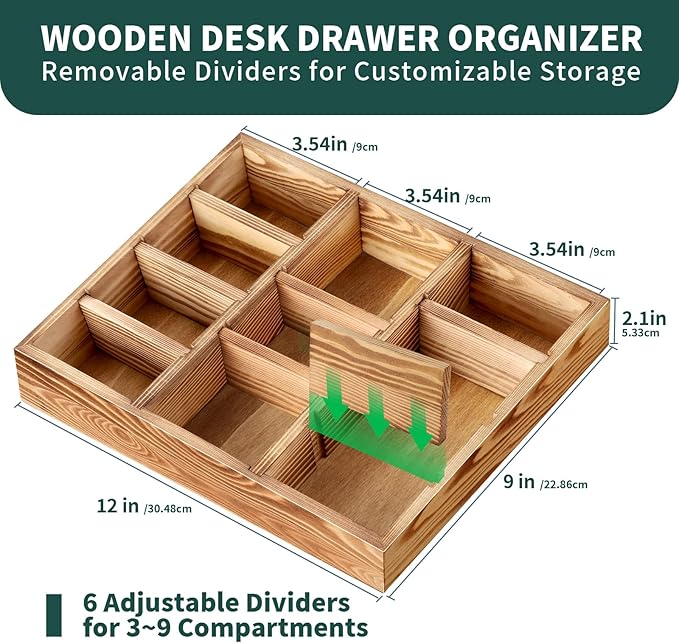 Wooden Desk Drawer Organizer, 9-Slot Office Organization and Storage Box, Adjustable Natural Wood Desktop Tray for Pens, Sticky Notes, and Small Accessories, Aesthetic Home Office Decor (12 x 9 In)