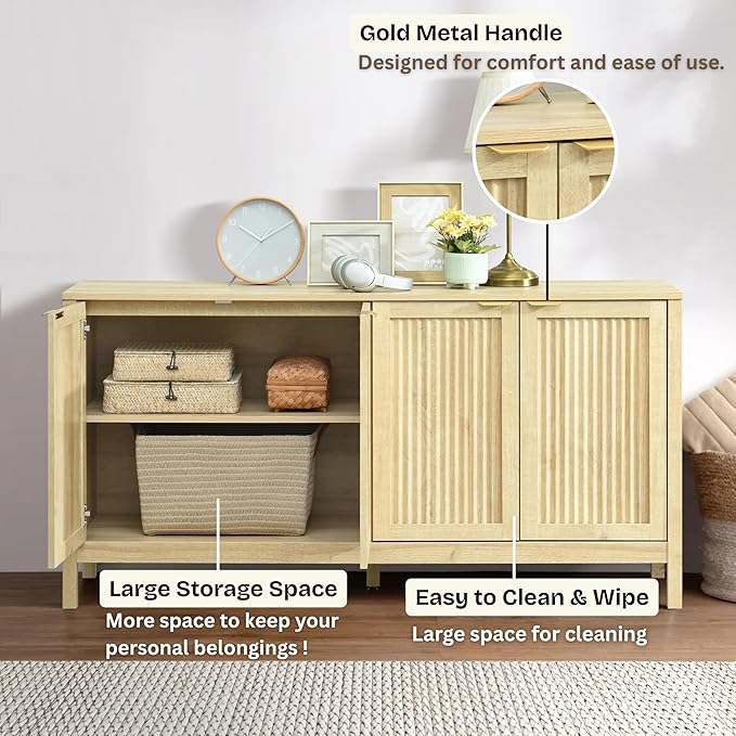 ELISA HOME Lagoon Large Buffet Sideboard Cabinet with Storages, 57.9" Modern Buffet Table Dining Room Cabinet Coffee Bar Storage with 4 Doors for Dining Room, Living Room, Hallway, Oak