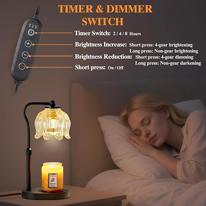 CASTLELIFE Candle Warmer Lamp with Timer & Stepless Dimming, Height Adjustable Electric Wax Warmer for Jar Candles, Flower Wax Melter with Wood Base, Gifts for Women Home Decor, Black Wood