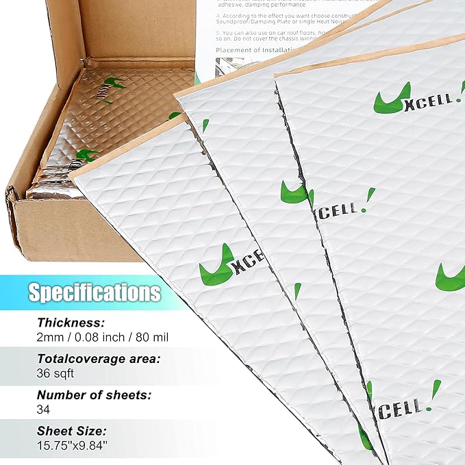 uxcell 34pcs 80mil 36sqft Car Sound Deadener Heat Insulation Mat Butyl Pad Damping Self Adhesive Deadening Material Door Roof Floor Sound Barrier