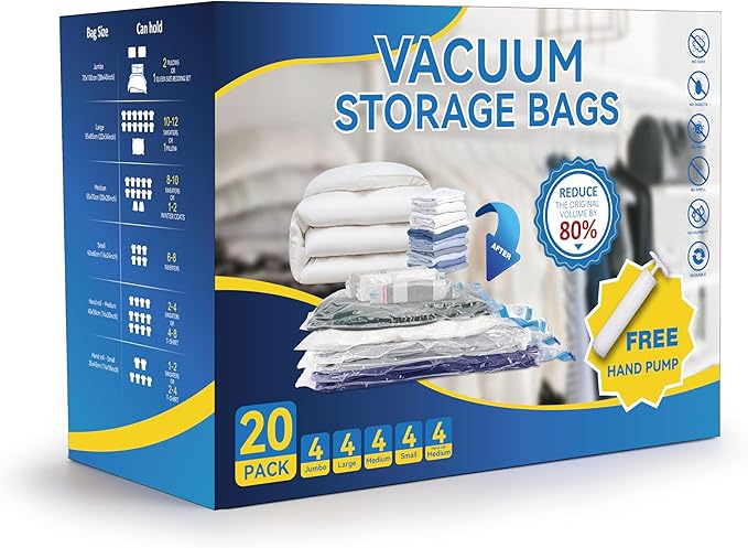20 Pack Vacuum Storage Bags (4 Jumbo/4 Large/4 Medium/4 Small/4 Roll M) Space Saver Bags, Vacuum Seal Bags with Hand Pump for Comforters, Blankets, Bedding, Pillows and Clothes