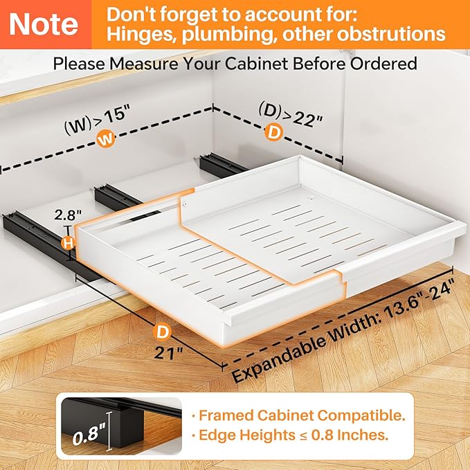 Pull out Cabinet Organizer, 2-Pack Expandable(13.6"-24") Silde out Drawers with Raising Pad for Framed Cabinets, Adjustable Full-Extension Adhesive Roll out Shelves for Kitchen Pantry Home Pot and Pan