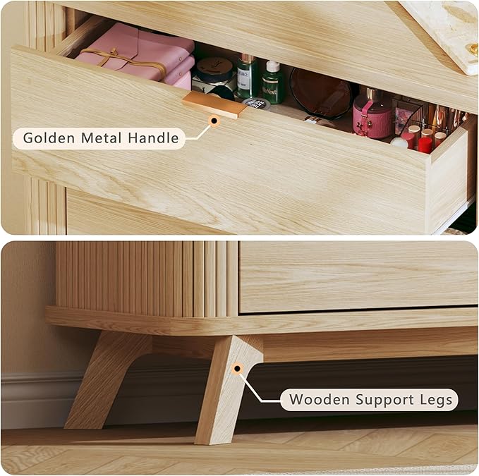 HUAHUU 55" Wide Fluted 6 Drawers Dresser for Bedroom, Mid Century Modern Dresser & Chests of Drawers, Curved Profile Design, Dressers TV Stand, Wood Storage for Hallway, Entryway, Oak