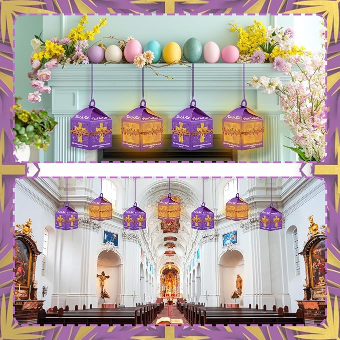 Simgoing 12 Sets Religious Easter Crafts Bulk Christian Cross Lanterns Crafts with LED Lights Glitter Cross Tissue Paper Lanterns for Easter Church VBS Sunday School Classroom Activities