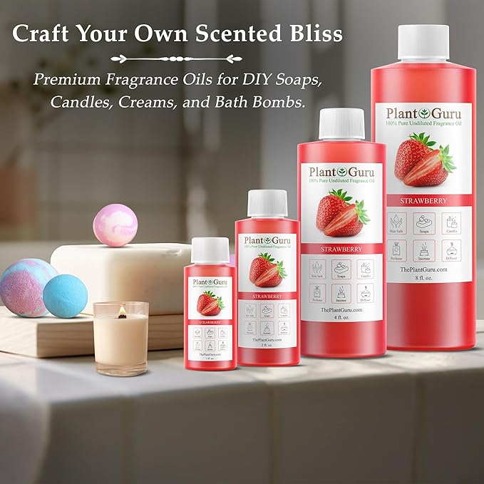 Strawberry Fragrance Oil 4 fl. oz. Scented Oil for DIY Soap Making, Candles, Bath Bombs, Body Butters. Used in Aromatherapy Diffusers, Burners and Warmers. Great Addition to Lotions and Creams.