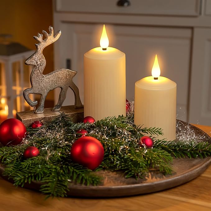 yunsheng Rechargeable Flameless Candles with Remote Timer, in/Outdoor Waterproof LED Flickering Pillar Candles Set of 6 (D2 x H4/5.5/6.5"), Battery Operated Candles Ivory Plastic Roman Column Candles