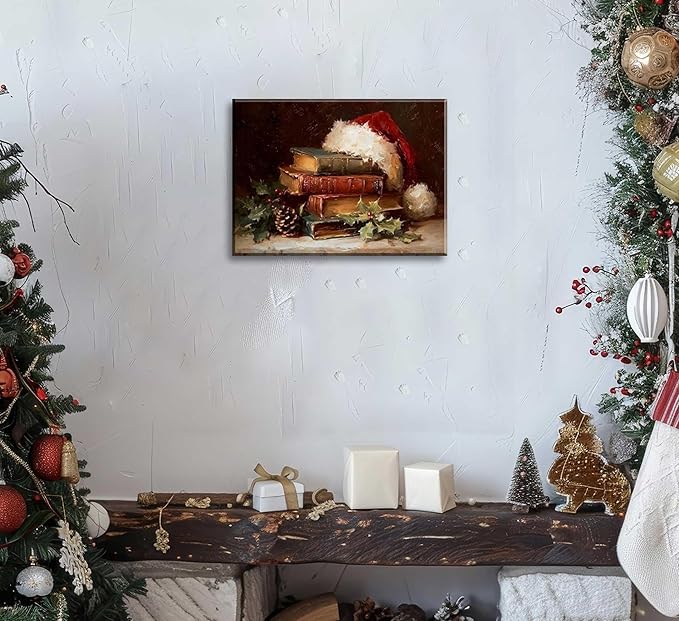 Paint by Number Kit for Adults & Kids, Christmas Vintage Books with Santa Hat 16x20 Inch, DIY Acrylic Painting Kit with Brushes & Paints, Holiday Art Decor for Home Framed