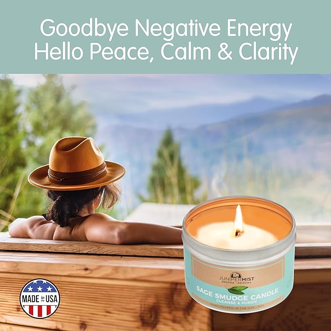Sage Candle (6 Oz) - for Meditation & Cleansing Negative Energy - Made in USA with Soy Wax, Essential Oils, Real Sage - Smokeless Alternative to Smudge Sticks