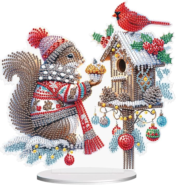 5D Diamond Art Painting Ornament Kits Birdhouse and Squirrel, DIY Diamond Art Painting Desktop Ornament, Special Shaped Crystal Rhinestone Diamond Art Table Top Home Office Christmas Decor (24x24cm)