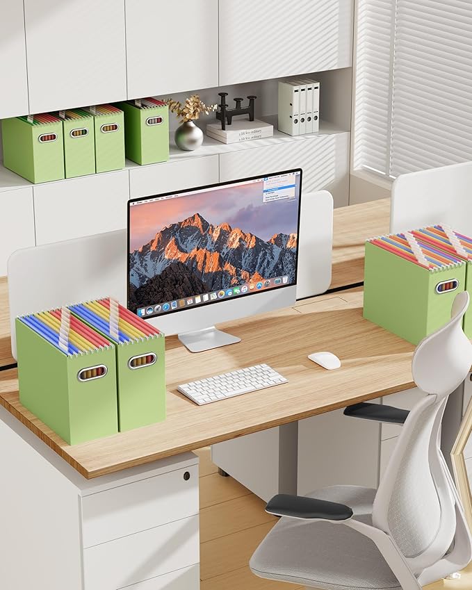 Oterri File Organizer Box, Portable Collapsible Cardboard File Folder Organizer with Handle for Letter Size Hanging Files, Document Storage Box for Home Office & Classroom (6 Packs, Green)