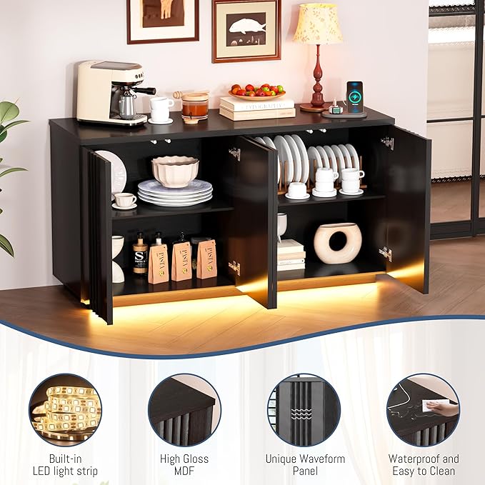 63'' Buffet Cabinet with Storage, Coffee Bar with 4 Doors & 2 Adjustable Shelves, Modern Sideboard Table with 3 Color LED Light for Kitchen (Black)