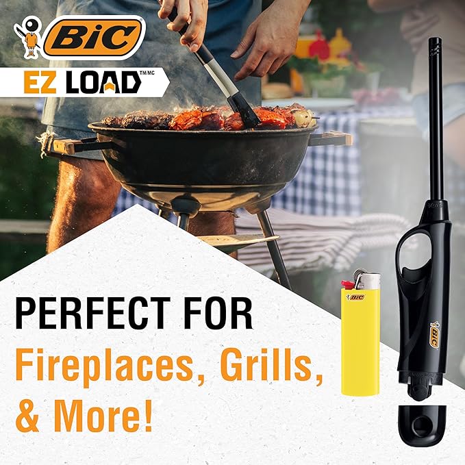 BIC EZ Load Lighters, Long Lasting Reloadable Design, Assorted Colors, Pack with 2 EZ Load Long Lighter Shell and 2 Maxi Pocket Lighters (Colors May Vary)